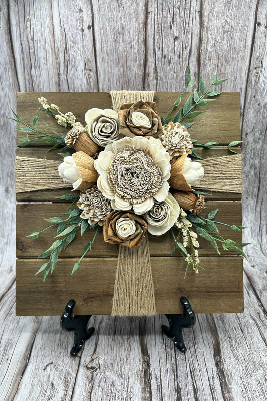 Wood Flower and Twine Cross Board
